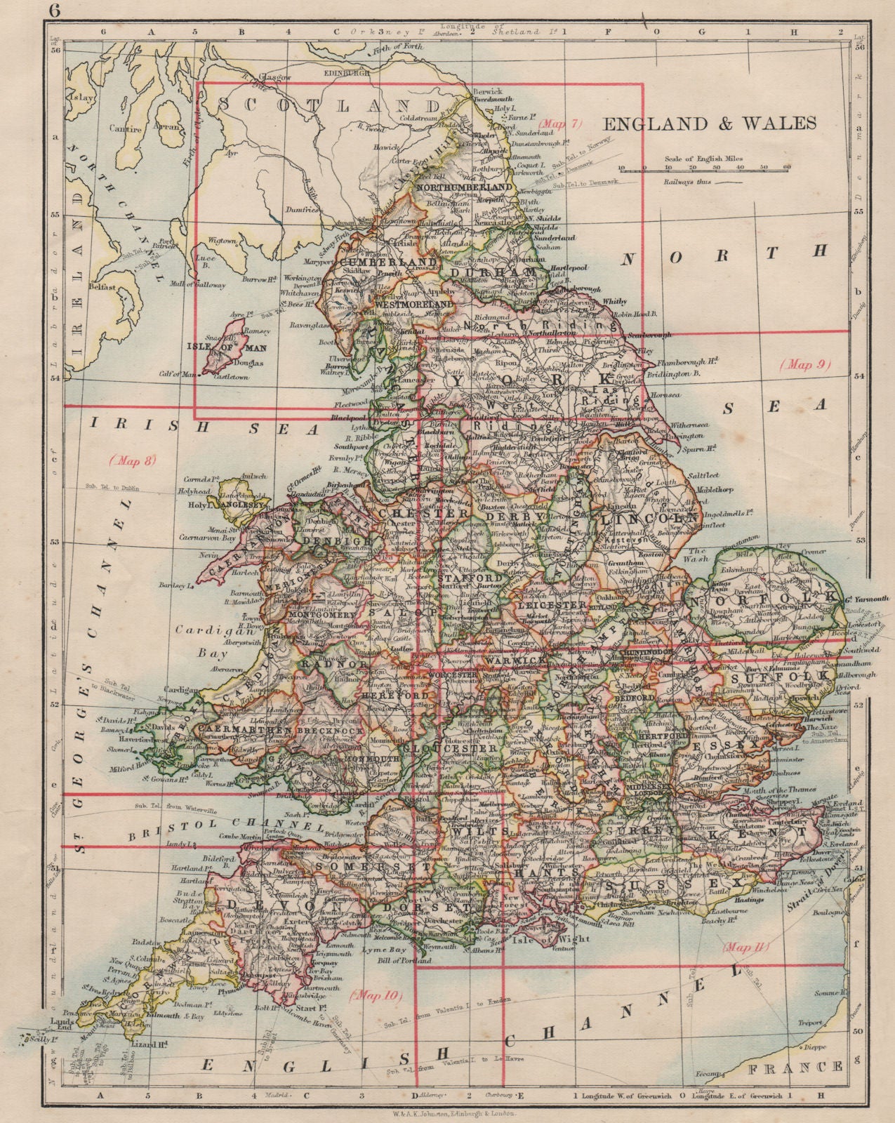 ENGLAND AND WALES. Counties. Westmorland. Telegraph cables.  JOHNSTON 1900 map